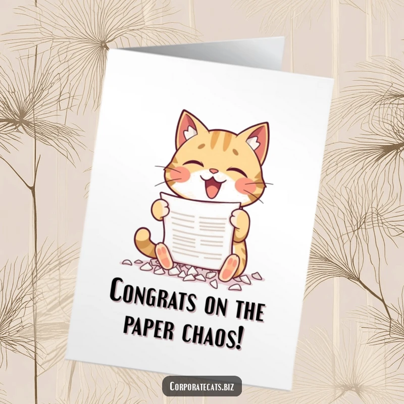 Funny Free Printable Congratulations Card: Cat gleefully shredding a document, symbolizing relief and success, downloadable.
