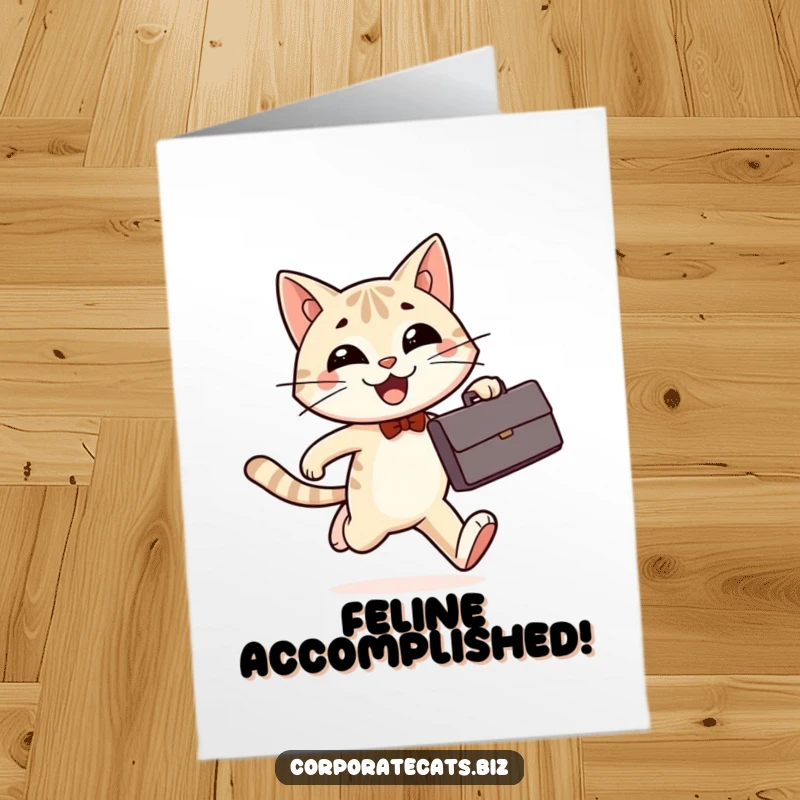 Funny Free Printable Congrats Card: A smiling cat enthusiastically runs with a briefcase, celebrating their success with speed.