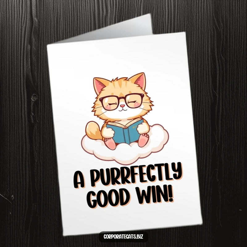 Funny Free Printable congratulations card: fluffy cat with glasses reading on a cloud.