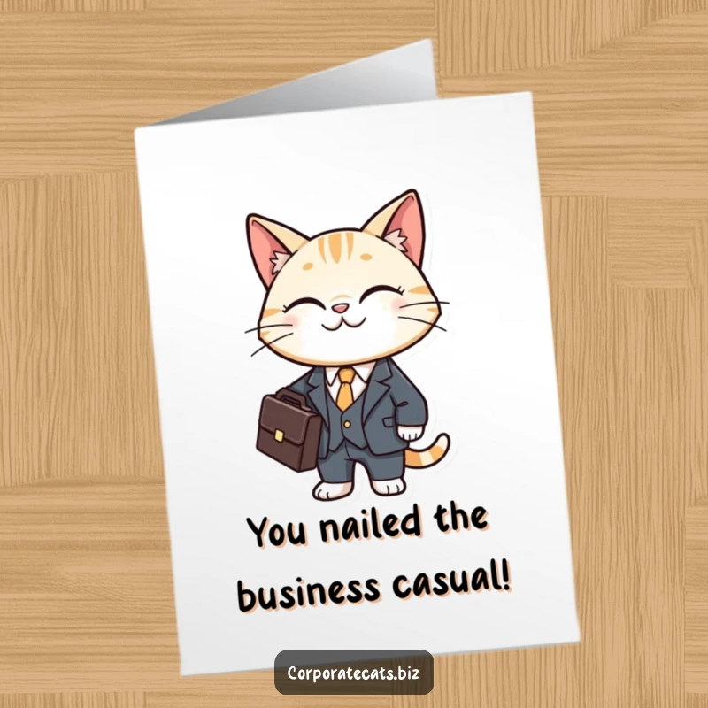 Funny Free Printable Congratulations Card: A cat in a mini business suit smiles while holding a briefcase, signifying a closed deal