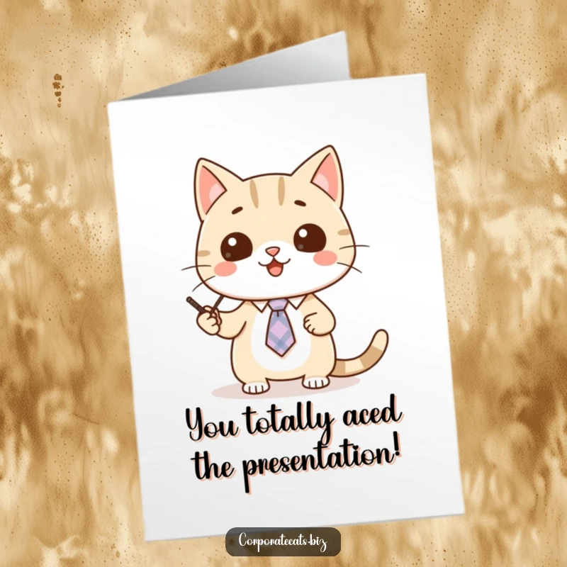 Funny Free Printable Congratulations Card: A cat in a tiny tie gives a presentation with a pointer, highlighting achievements with feline flair
