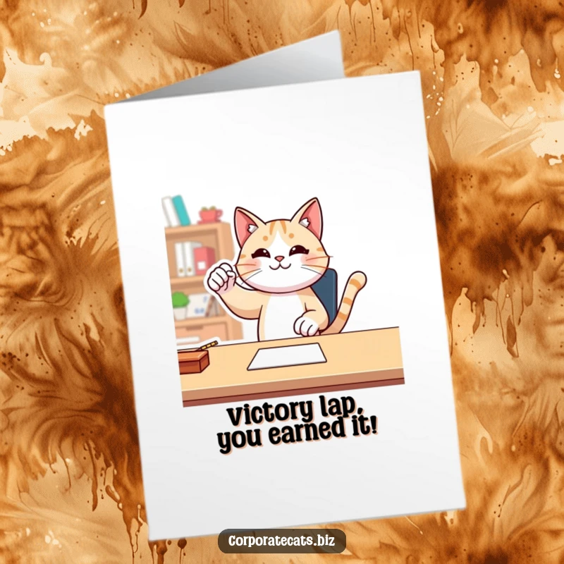 Funny Free Printable Congrats Card: Cat pumps its fist victoriously at a desk, celebrating a win.