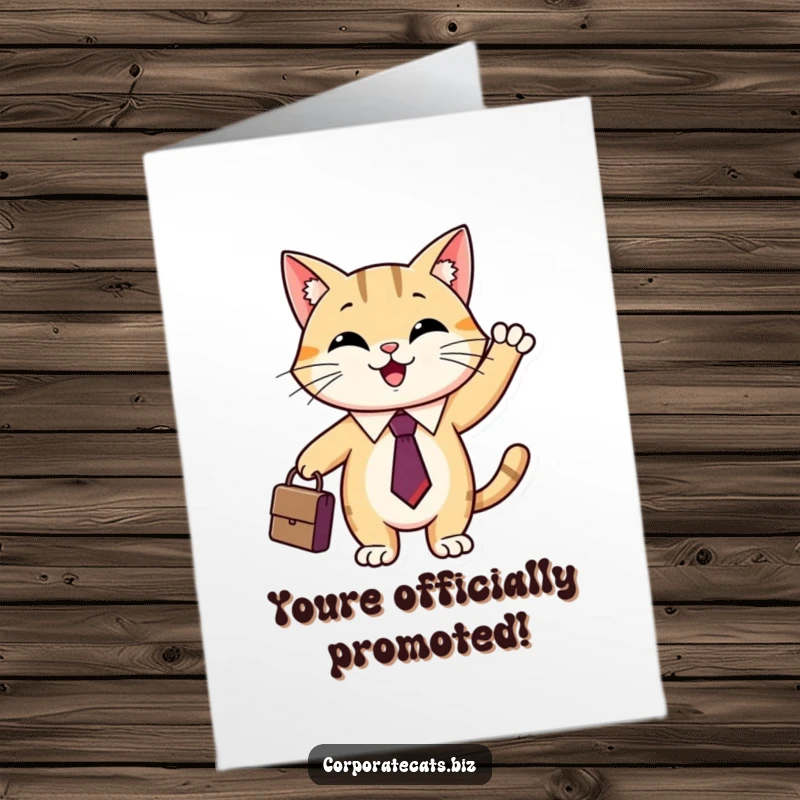 Funny Free Printable Congratulations Card: Amused cat in tie with briefcase, celebrating success with a smile.