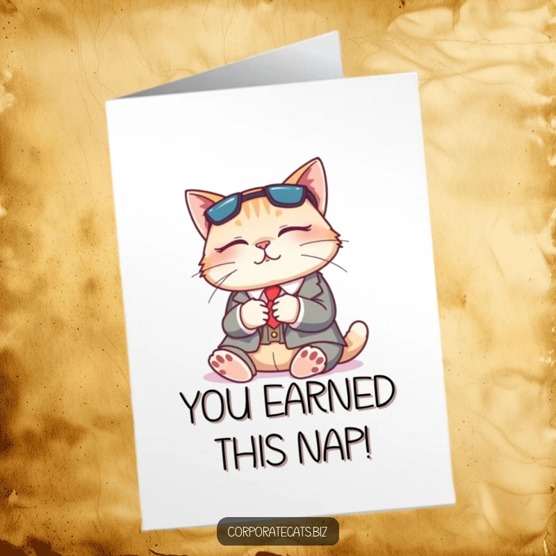 Funny Free Printable Congratulations Card: Content cat in a suit napping, celebrating relaxation after success.