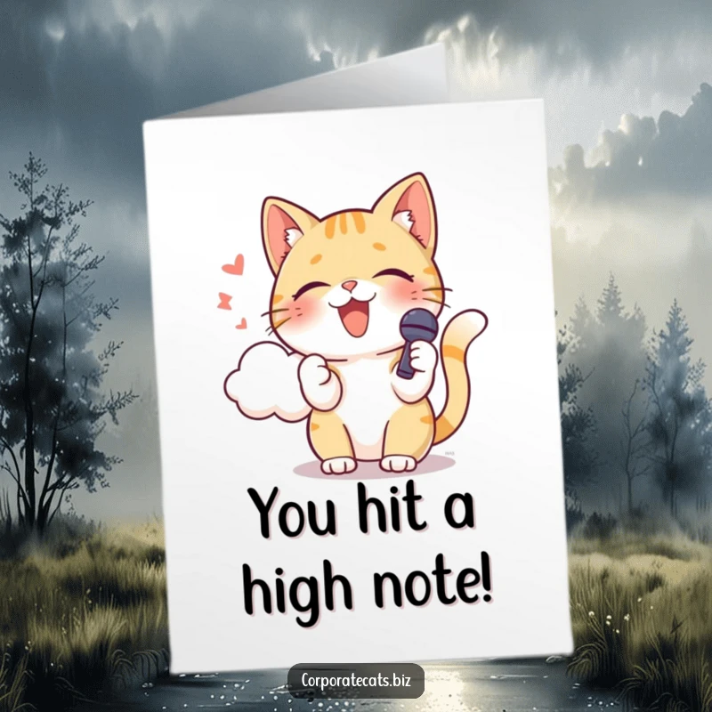 Funny free printable congratulations card: cat with microphone singing joyfully into a cloud, celebrating.