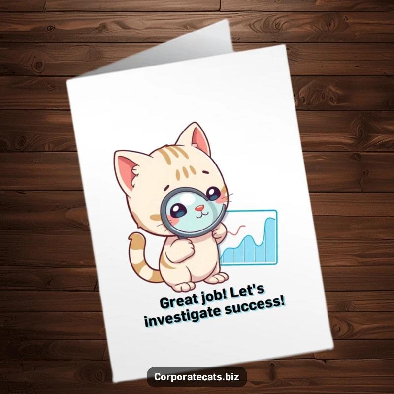 Funny free printable congratulations card of a cat intently examining a graph with a magnifying glass, representing detailed analysis.