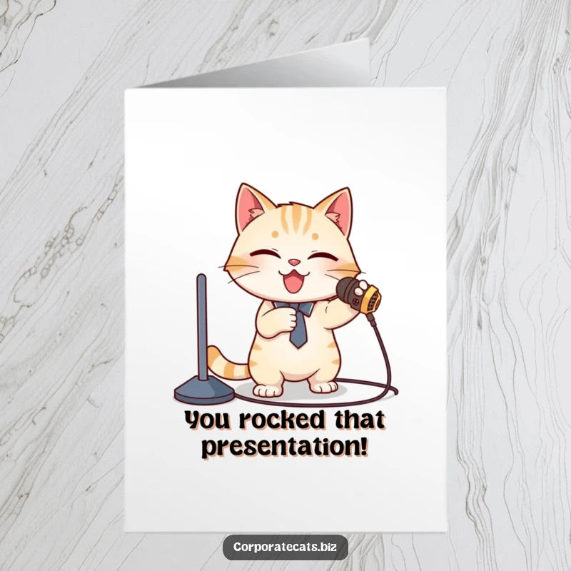 Funny Free Printable Congrats Card: Cat presenter trips on microphone cord, a relatable moment for a downloadable gift.