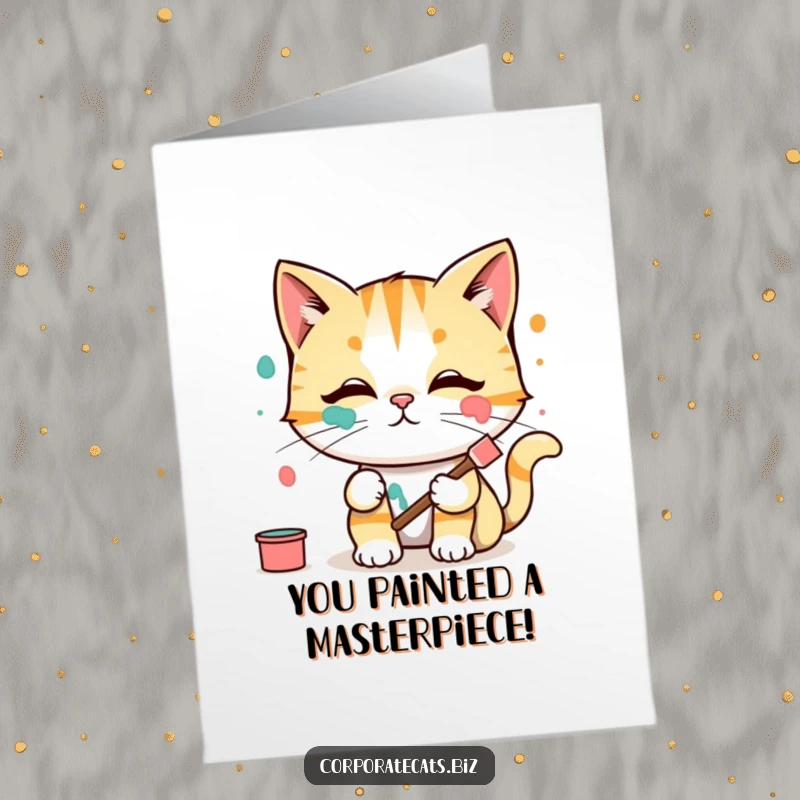 Funny Free Printable Congrats Card: Cat artist smears paint on face, symbolizing creative expression and fun.