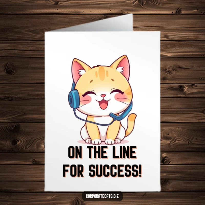 Funny Free Printable Congratulations Card: Cat with headset on a pretend call, offering cheerful congratulations.