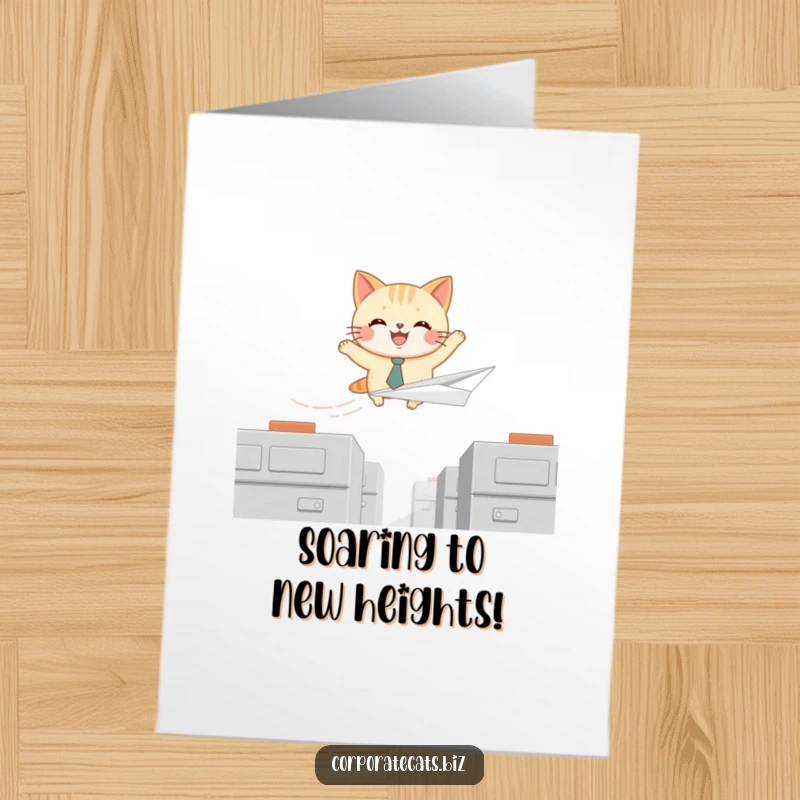 Funny Free Printable Congratulations Card: Joyful cat wearing a tie soars on a paper airplane, celebrating success.