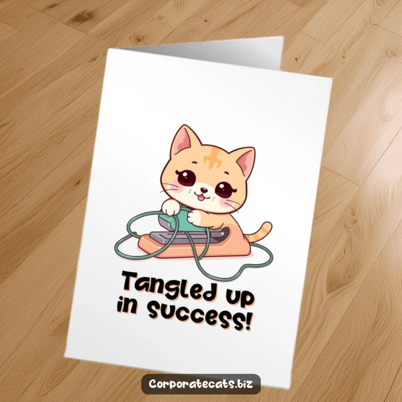 Funny Free Printable Congrats Card: A cat stapler breaking free from its tangled cord, looking relieved and victorious.
