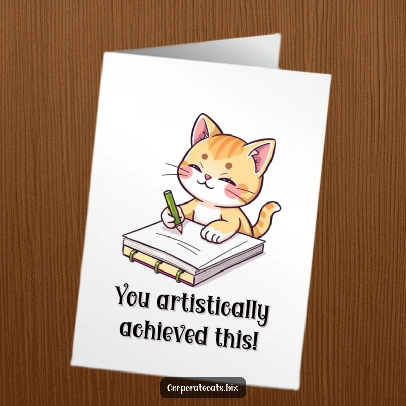 Funny Free Printable Congrats Card: A creative cat sketches on a notepad, capturing a moment of inspiration.