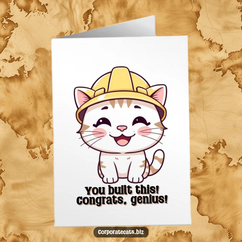 Funny free printable congratulations card of a smiling cat character sporting a tiny hard hat, ready for any challenge.