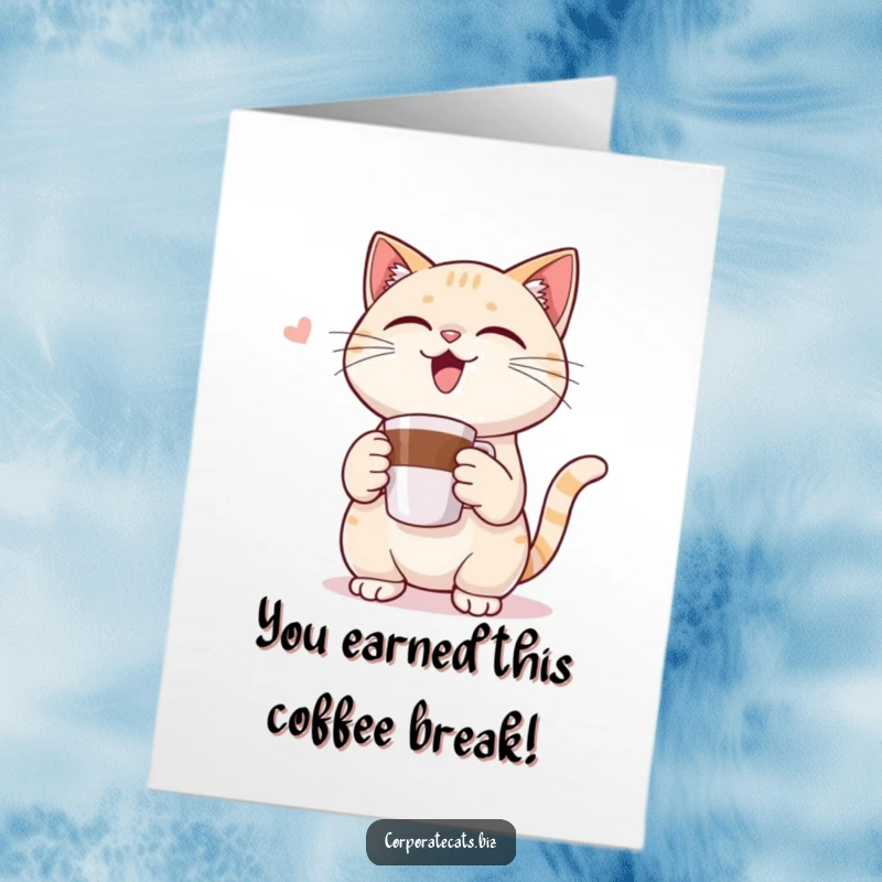 Funny Free Printable Congratulations Card: Cat victoriously holding a tiny coffee cup, celebrating an achievement, downloadable.