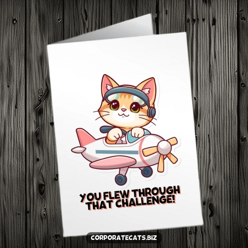 Funny free printable congrats card showing a playful cat pilot in a plane, celebrating a successful mission.