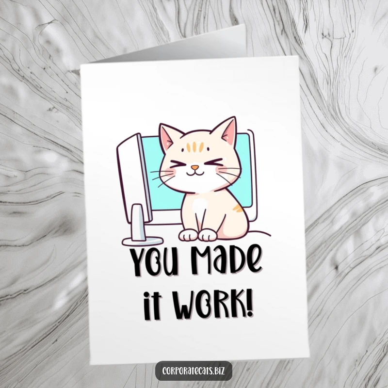 Funny Free Printable Congrats Card: A cat with crossed eyes looking triumphant at a computer screen, symbolizing success.
