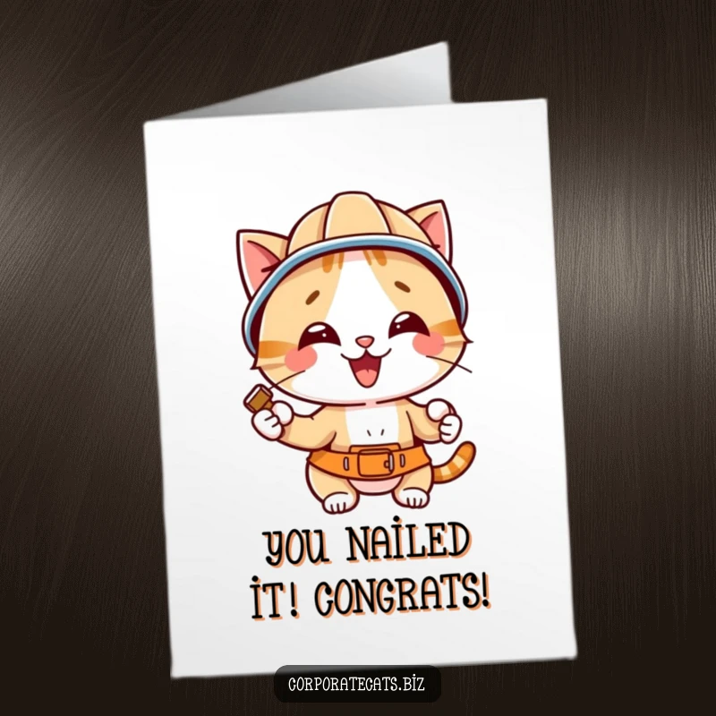 Funny free printable congratulations card of a cat in a hard hat, hammering a nail, symbolizing accomplishment and hard work.