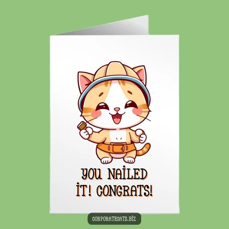 Free Printable Congratulations Card: Funny Hard Hat Cat Hammering Success DIY Gift