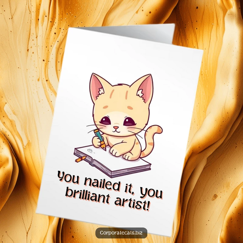 Funny Free Printable Congrats Card: An amused cat artist celebrates a win by sketching with flair on a small notepad.