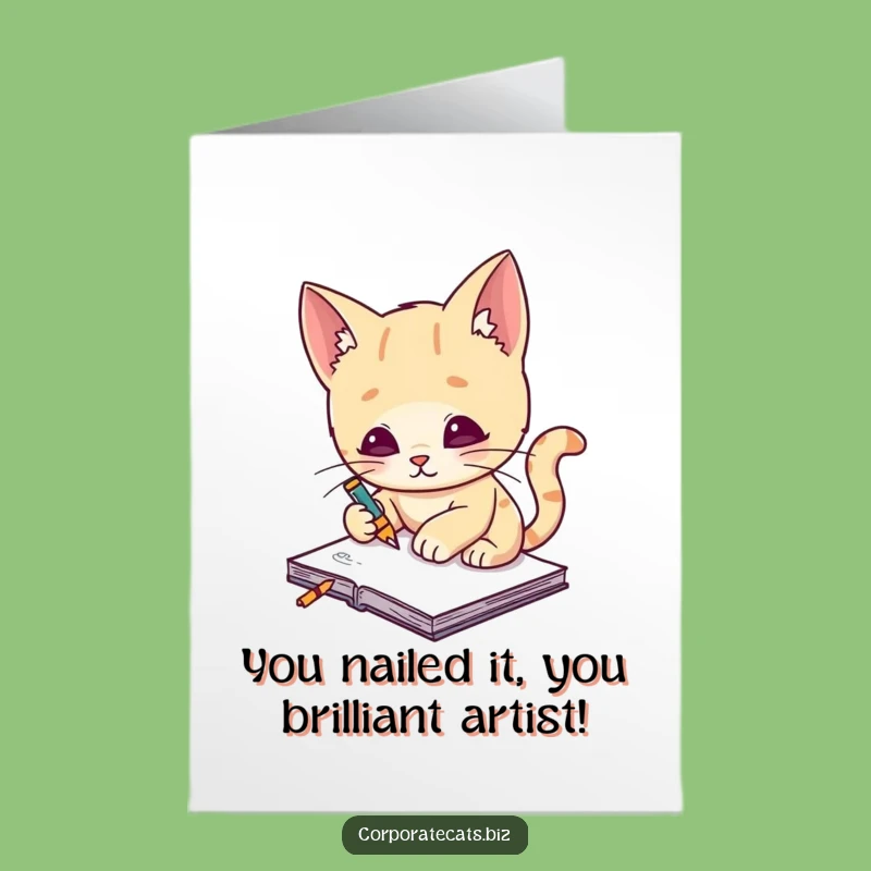 Free Printable Congrats Card: Funny Cat Artist Sketching Success - Downloadable Gift