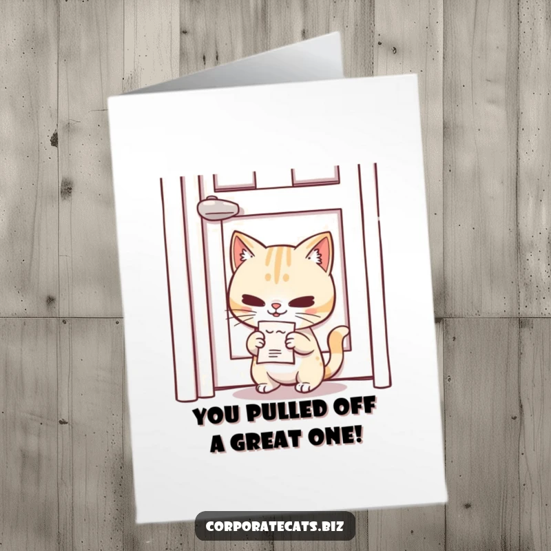 Funny Free Printable Congrats Card: Mischievous cat sneaking a memo under a door with a smirk, conveying congratulations.