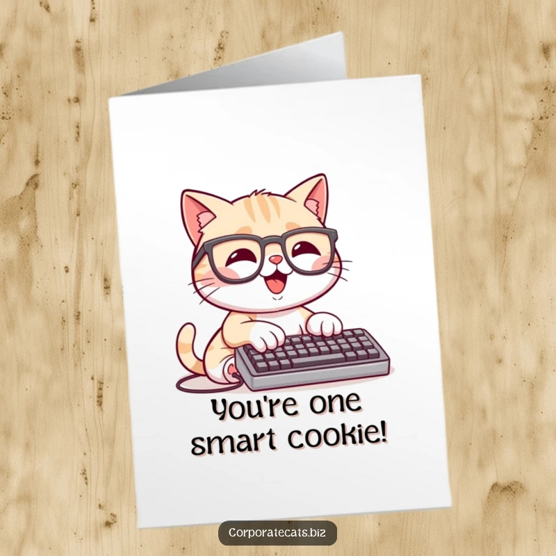 Funny Free Printable Congrats Card: A happy cat with glasses typing fast on a small keyboard, congratulating success.