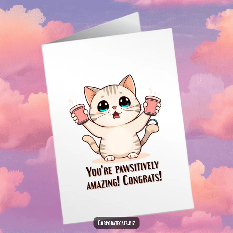 Funny free printable congratulations card depicting a surprised cat character hilariously attempting to juggle several tiny coffee cups.
