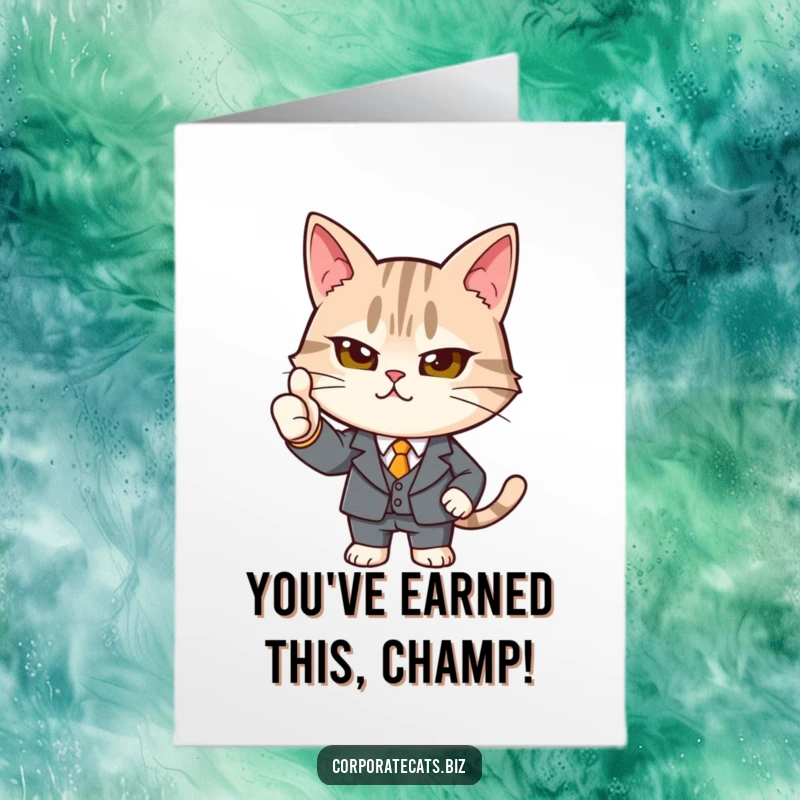 Funny Free Printable Congratulations Card: A sophisticated cat in a miniature suit offers a decisive and encouraging thumbs-up.