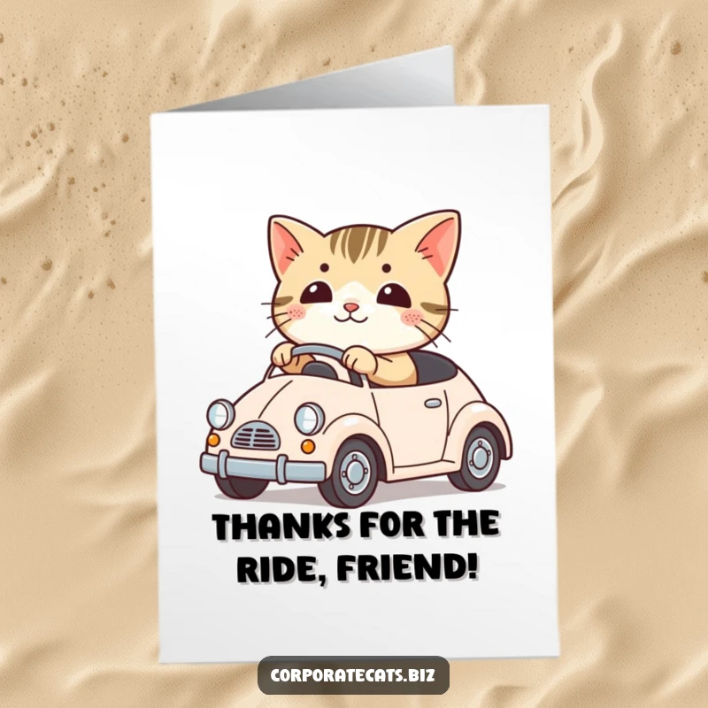 Funny free printable thank you card of a cute cat character driving a tiny toy car, symbolizing a helpful journey.