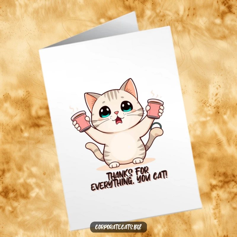 Funny free printable thank you card featuring a surprised cat character in a comical pose, juggling tiny coffee cups with focus.