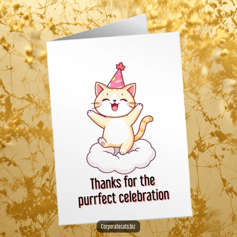 Funny free printable thank you card: cheerful cat in party hat dancing on a cloud, spreading happiness.