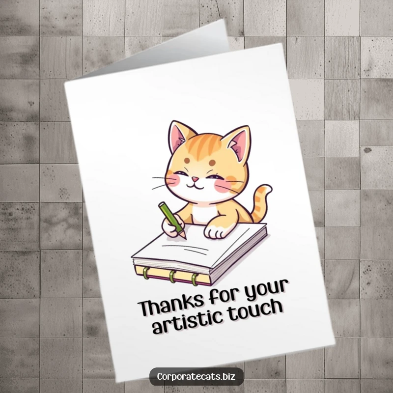 Funny Free Printable Thank You Card: A creative cat is sketching on a tiny notepad, representing thoughtful thanks.