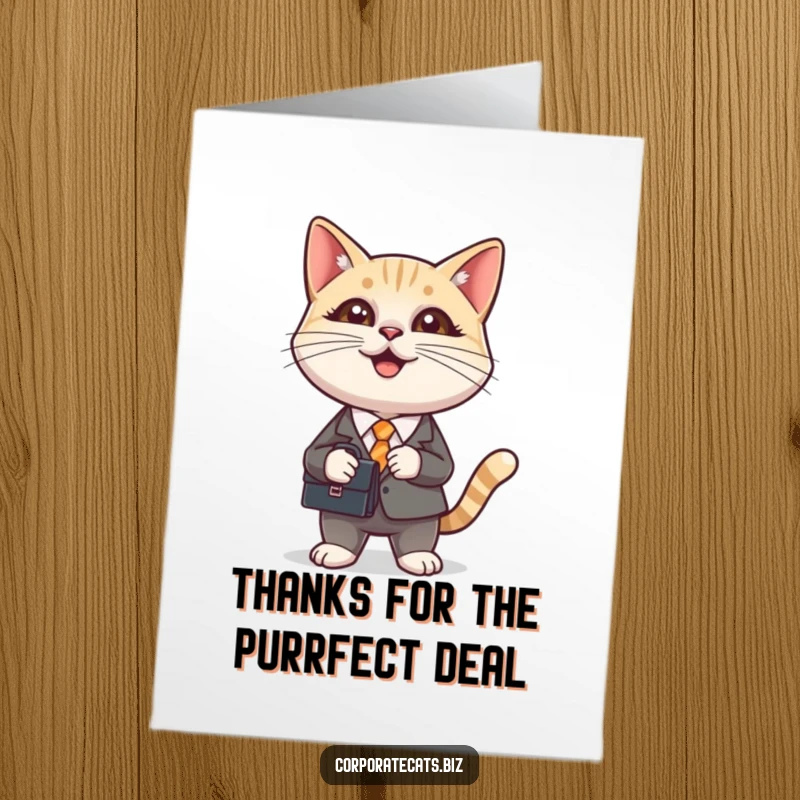 Funny Free Printable Thank You Card: Smiling cat in a suit holding a briefcase, offering thanks with a professional yet amusing demeanor.