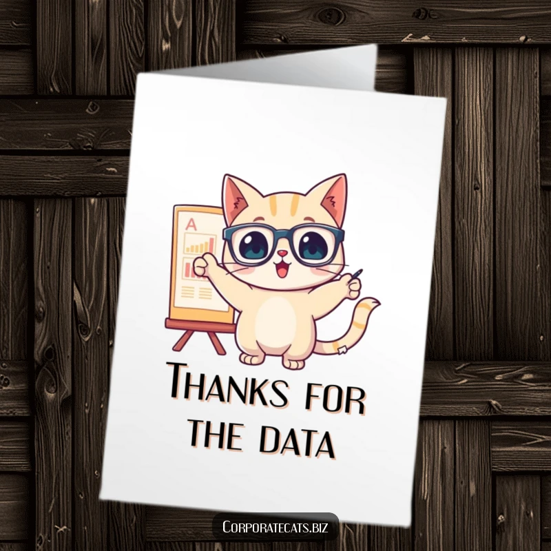 Funny Free Printable Thank You Card: Cat with glasses points at a chart, showing enthusiastic thanks.