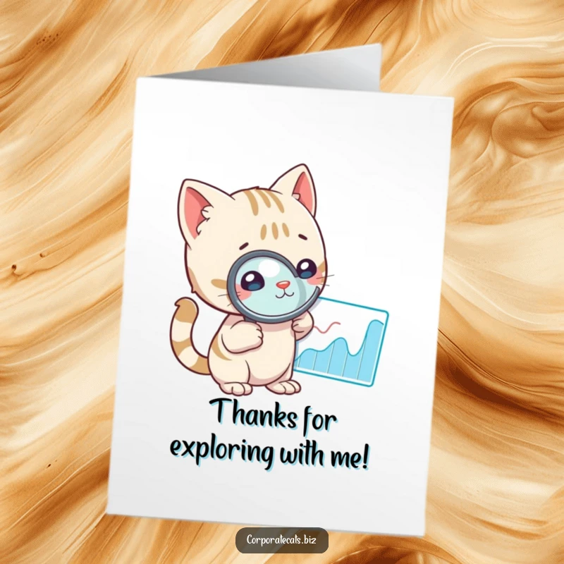 Funny free printable thank you card depicting a curious cat with a magnifying glass, meticulously examining a financial graph.
