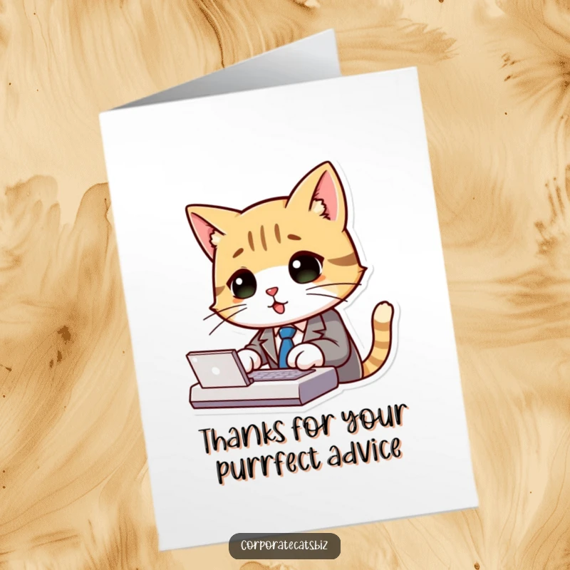 Funny Free Printable Thank You Card: A dapper cat in a suit and tie types diligently, conveying thanks with business-like charm.