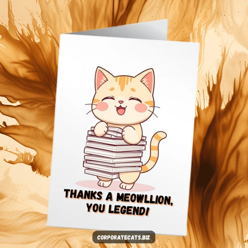 Funny Free Printable Thank You Card: A happy cat balancing papers, giving a thankful meow.