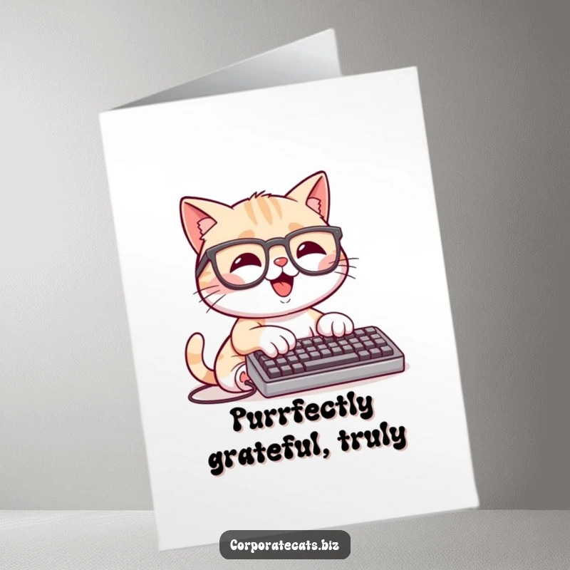 Funny Free Printable Thank You Card: A cat in glasses typing on a miniature keyboard, expressing thanks.