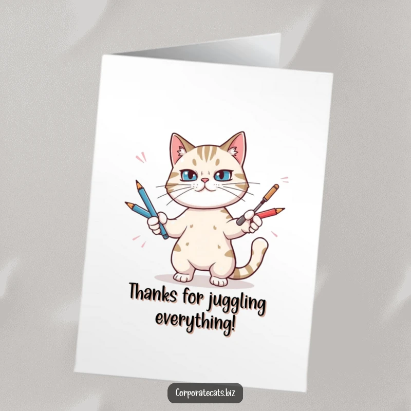 Funny Free Printable Thank You Card: Cat artistically juggles pens, expressing thanks with a humorous touch.