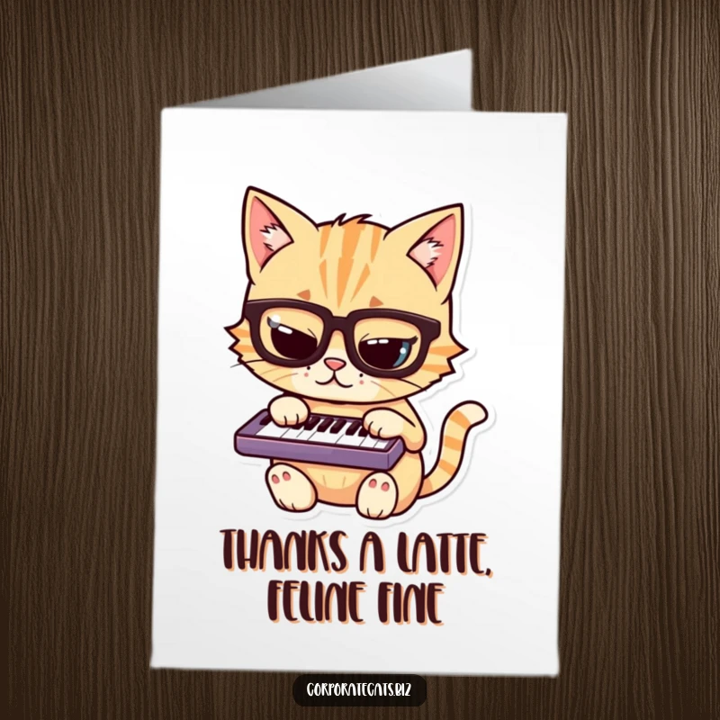 Funny Free Printable Thank You Card of a cat in glasses jamming on a small keyboard.