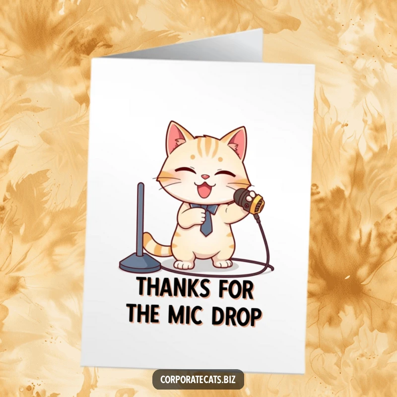 Funny Free Printable Thank You Card: Cat presenter trips over mic cord, perfect for a humorous thank you.