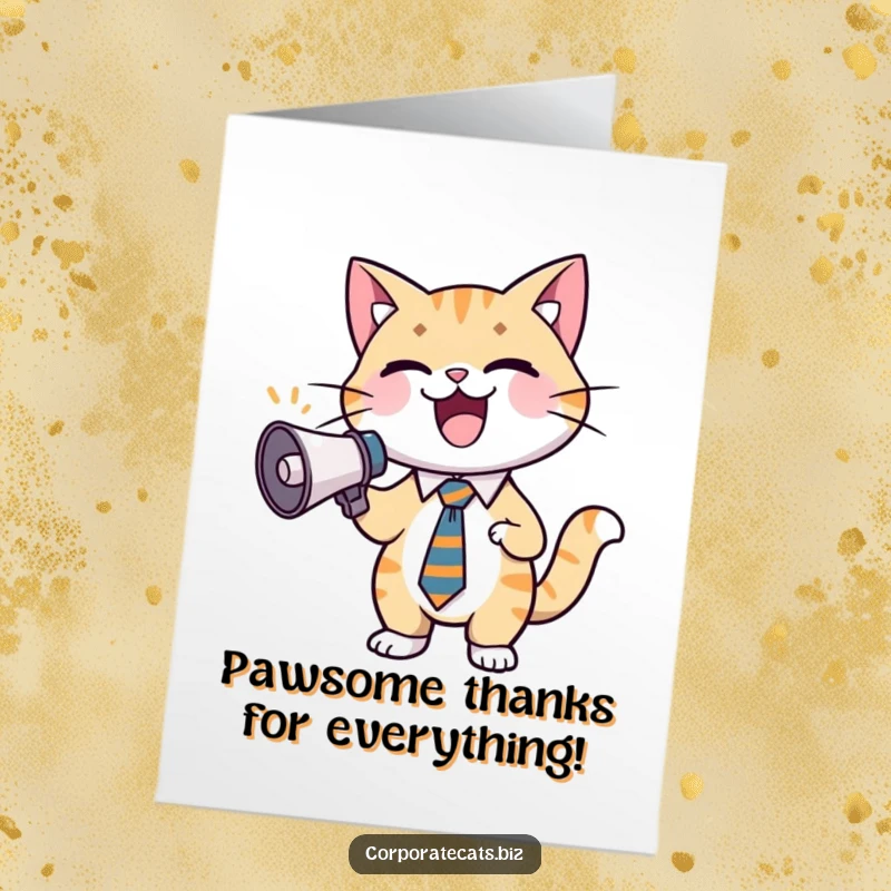 Funny Free Printable Thank You Card with a suited cat holding a tiny megaphone, ready to cheer.