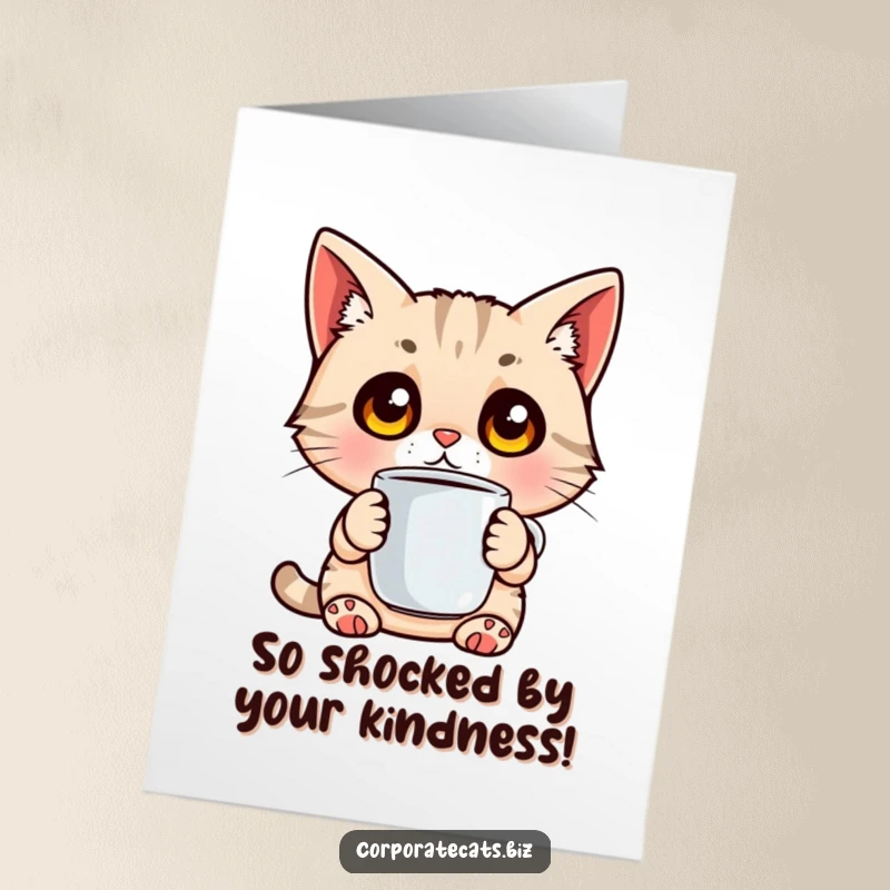 Funny Free Printable Thank You Card: A cat with comically wide eyes holds a coffee cup, conveying shocked appreciation for your help.