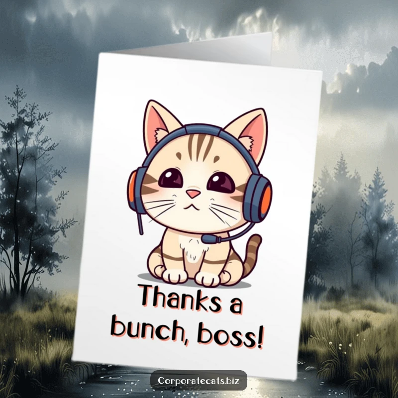 Funny Free Printable Thank You Card: A cat wearing a headset, busy on a video call, expressing thanks.