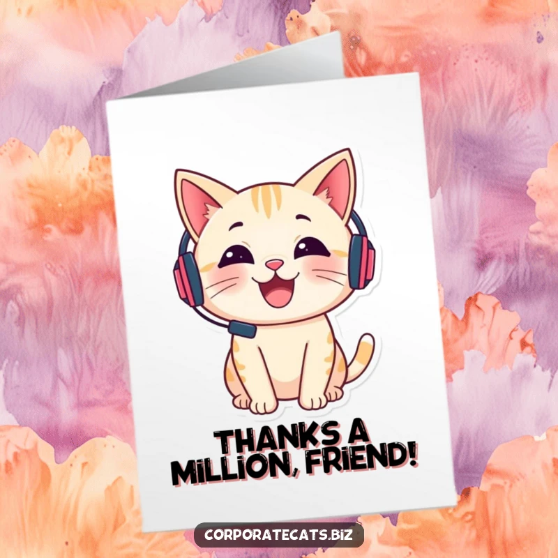 Funny Free Printable Thank You Card: A cheerful cat wearing a headset talks animatedly, sending heartfelt thanks in a fun way.