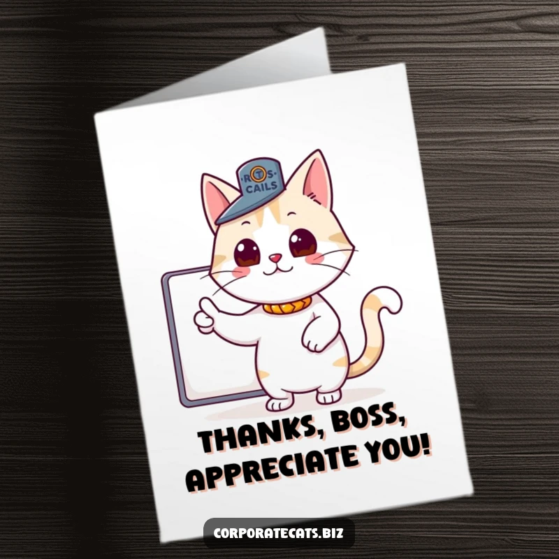 Funny Free Printable Thank You Card: Cat in a tiny boss hat points authoritatively, delivering thanks with command.