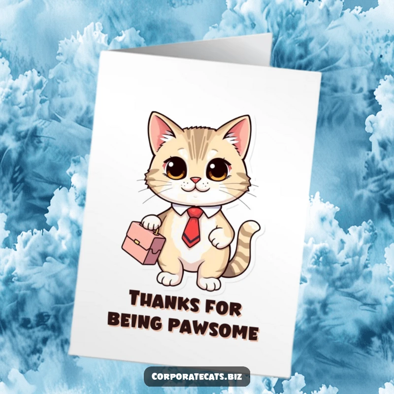 Funny Free Printable Thank You Card: A cute cat in a suit and tie holding a briefcase saying thank you.