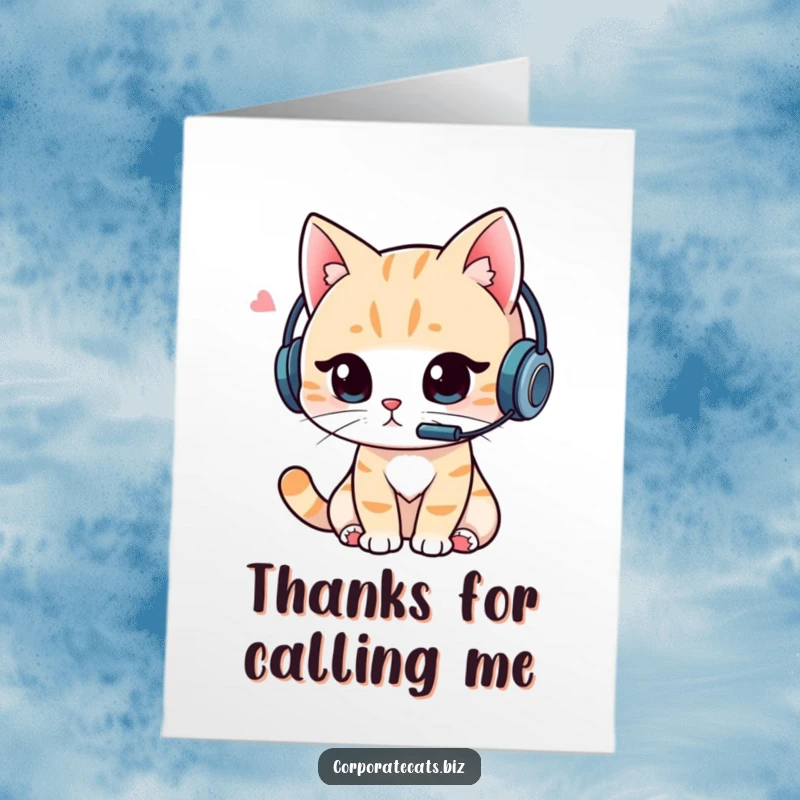 Funny Free Printable Thank You Card: A cat wearing a headset is engrossed in a video call, conveying sincere thanks.
