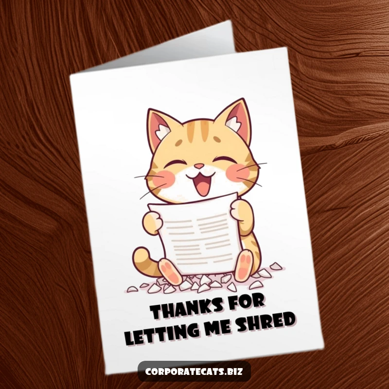 Funny Free Printable Thank You Card: Cat gleefully shredding a document, symbolizing tasks completed, humorous downloadable.