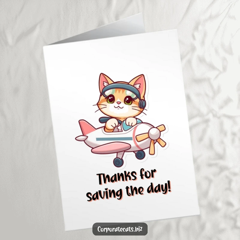 Funny free printable thank you card with a determined cat pilot in its airplane, acknowledging a kind deed.